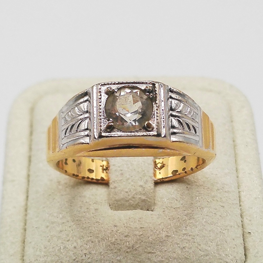 Vintage Mens 18K Gold Plated Two Tone Signet Ring Clear Stone Size 12